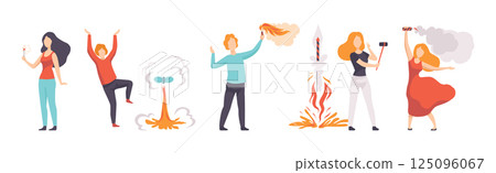 People Characters Launching and Watching Explosion of Fireworks Vector Set 125096067