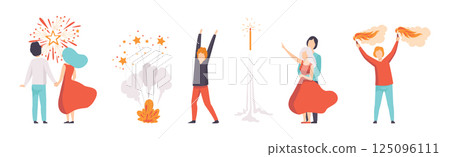 People Characters Launching and Watching Explosion of Fireworks Vector Set 125096111