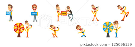 Lottery Show with Man Host with Microphone, Spinning Roulette Wheel and Check Vector Set 125096139
