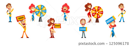 Lottery Show with Man Host with Microphone, Spinning Roulette Wheel and Check Vector Set 125096178