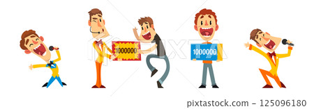 Lottery Show with Man Host with Microphone and Check Vector Set 125096180