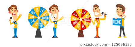 Lottery Show with Man Host with Microphone, Spinning Roulette Wheel and Check Vector Set 125096183