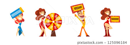 Lottery Show with Man Host with Microphone, Spinning Roulette Wheel and Check Vector Set 125096184