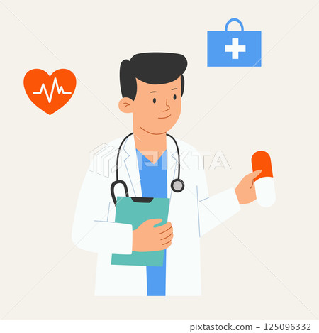 Male doctor in white lab coat holds pill in his hand. Vector illustration of medical worker 125096332