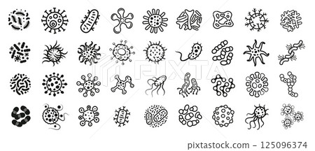 Bacteria and Virus Line Icons Set. Microorganisms, Germs, Infection Outline Doodle Collection.. 125096374