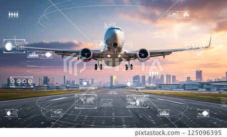 AI-powered aircraft takes off from the runway with motion blur, digital transformation of the aviation industry 125096395