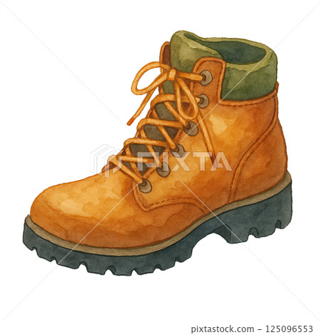 Watercolor illustration of hiking boots (brown boots, outdoor) 125096553