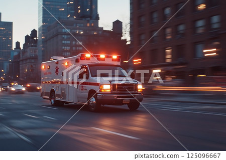 Emergency medical vehicle hurry on city street. Ambulance 125096667