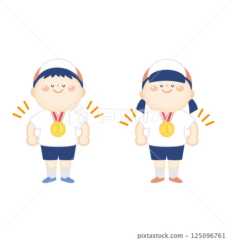 A child in gym clothes proudly wearing a gold medal, full body 125096761