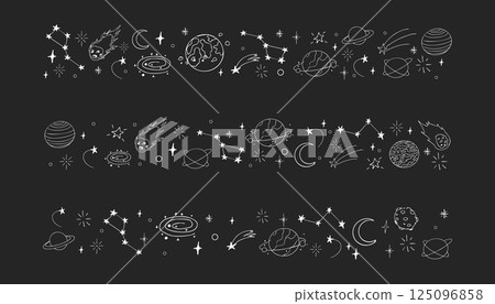 Celestial doodle chalk border, falling star blink divider. Set Hand drawn ornament with stars, planets, meteorite and moon. Space magic simple decor. 125096858