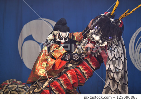 Iwami Kagura: Night Kagura at Sannomiya Shrine in Hamada City: Susanoo-no-Mikoto defeats the giant snake Iwami Kagura: Night Kagura at Sannomiya Shrine in Hamada City: Susanoo-no-Mikoto defeats the giant snake 125096865
