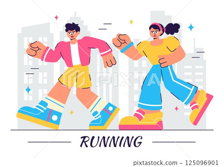 Running Race Vector Illustration featuring People Jogging or Leisurely Strolling While Enjoying the Outdoor Atmosphere in a Flat Style Background 125096901