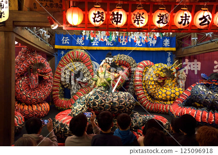 Iwami Kagura: Night Kagura at Sannomiya Shrine in Hamada City: Susanoo-no-Mikoto defeats the giant snake Iwami Kagura: Night Kagura at Sannomiya Shrine in Hamada City: Susanoo-no-Mikoto defeats the giant snake 125096918