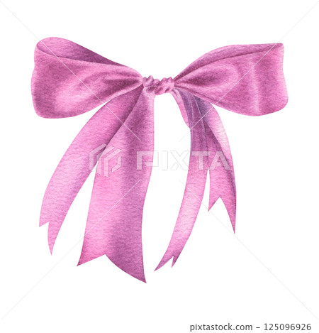Pink satin ribbon bow. Hand drawn watercolor illustration of silk knot on isolated background for gift or present. Drawing of ornate textile tape for polygraphy, planner, sticker, decor, gift boxes 125096926