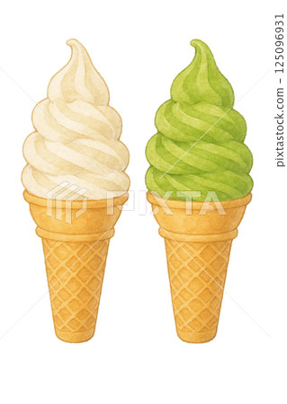 香草和抹茶軟冰淇淋的水彩插圖,裝在蛋筒裡 香草和抹茶軟冰淇淋的水彩插圖,裝在蛋筒裡 125096931