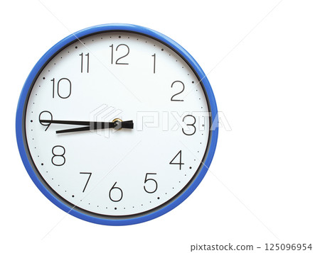 Wall clock with blue frame showing 8.45 08.45 or 20.45 O clock on white background, suitable for time related articles, education, or punctuality concepts Wall clock with blue frame showing 8.45 08.45 or 20.45 O clock on white background, suitable for time related articles, education, or punctuality concepts 125096954