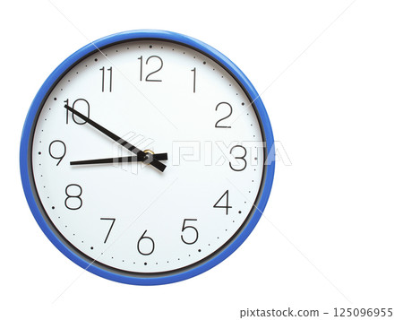 Wall clock with blue frame showing 8.50 08.50 or 20.50 O clock  on white background, suitable for time related articles, education, or punctuality concepts 125096955