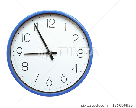 Wall clock with blue frame showing 8.55 08.55 or 20.55 O clock  on white background, suitable for time related articles, education, or punctuality concepts 125096956