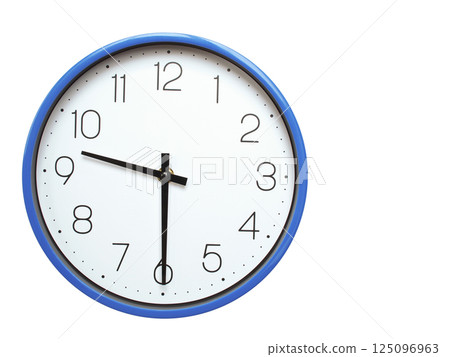 Wall clock with blue frame showing 9.30 09.30 or 21.30 O clock  on white background, suitable for time related articles, education, or punctuality concepts 125096963