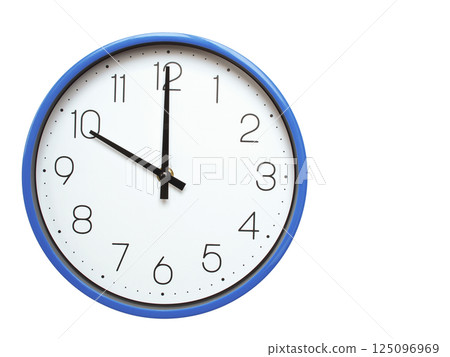Wall clock with blue frame showing 10.00 10.00 or 22.00 O clock  on white background, suitable for time related articles, education, or punctuality concepts 125096969