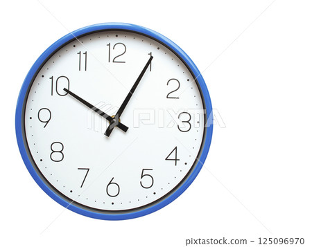 Wall clock with blue frame showing 10.05 10.05 or 22.05 O clock  on white background, suitable for time related articles, education, or punctuality concepts 125096970