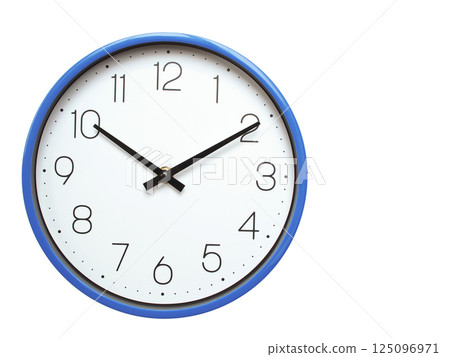 Wall clock with blue frame showing 10.10 10.10 or 22.10 O clock  on white background, suitable for time related articles, education, or punctuality concepts 125096971