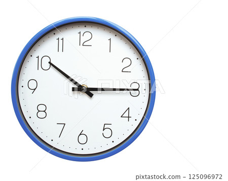 Wall clock with blue frame showing 10.15 10.15 or 22.15 O clock  on white background, suitable for time related articles, education, or punctuality concepts 125096972