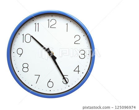 Wall clock with blue frame showing 10.25 10.25 or 22.25 O clock  on white background, suitable for time related articles, education, or punctuality concepts 125096974