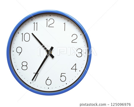 Wall clock with blue frame showing 10.35 10.35 or 22.35 O clock on white background, suitable for time related articles, education, or punctuality concepts Wall clock with blue frame showing 10.35 10.35 or 22.35 O clock on white background, suitable for time related articles, education, or punctuality concepts 125096976