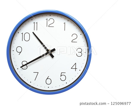 Wall clock with blue frame showing 10.40 10.40 or 22.40 O clock  on white background, suitable for time related articles, education, or punctuality concepts 125096977