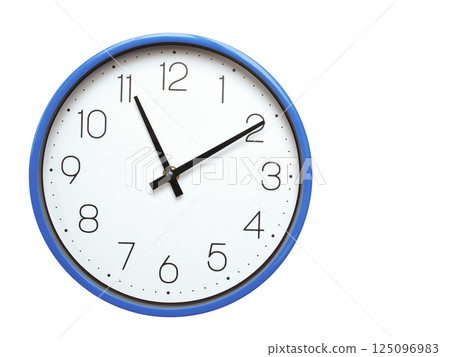 Wall clock with blue frame showing 11.10 11.10 or 23.10 O clock on white background, suitable for time related articles, education, or punctuality concepts Wall clock with blue frame showing 11.10 11.10 or 23.10 O clock on white background, suitable for time related articles, education, or punctuality concepts 125096983