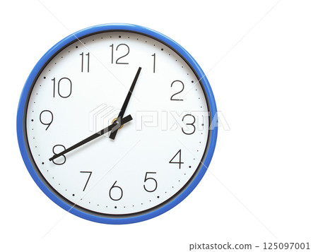 Wall clock with blue frame showing 12.40 00.40 or 12.40 O clock on white background, suitable for time related articles, education, or punctuality concepts Wall clock with blue frame showing 12.40 00.40 or 12.40 O clock on white background, suitable for time related articles, education, or punctuality concepts 125097001