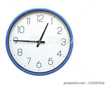 Wall clock with blue frame showing 12.45 00.45 or 12.45 O clock on white background, suitable for time related articles, education, or punctuality concepts Wall clock with blue frame showing 12.45 00.45 or 12.45 O clock on white background, suitable for time related articles, education, or punctuality concepts 125097002