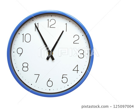 Wall clock with blue frame showing 12.55 00.55 or 12.55 O clock  on white background, suitable for time related articles, education, or punctuality concepts 125097004