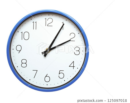 Wall clock with blue frame showing 2.05 02.05 or 14.05 O clock  on white background, suitable for time related articles, education, or punctuality concepts 125097018