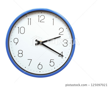 Wall clock with blue frame showing 2.20 02.20 or 14.20 O clock on white background, suitable for time related articles, education, or punctuality concepts Wall clock with blue frame showing 2.20 02.20 or 14.20 O clock on white background, suitable for time related articles, education, or punctuality concepts 125097021