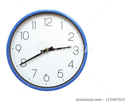Wall clock with blue frame showing 2.40 02.40 or 14.40 O clock on white background, suitable for time related articles, education, or punctuality concepts Wall clock with blue frame showing 2.40 02.40 or 14.40 O clock on white background, suitable for time related articles, education, or punctuality concepts 125097025