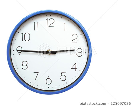Wall clock with blue frame showing 2.45 02.45 or 14.45 O clock  on white background, suitable for time related articles, education, or punctuality concepts 125097026
