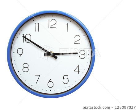 Wall clock with blue frame showing 2.50 02.50 or 14.50 O clock  on white background, suitable for time related articles, education, or punctuality concepts 125097027