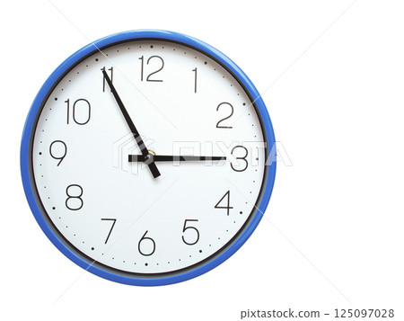 Wall clock with blue frame showing 2.55 02.55 or 14.55 O clock on white background, suitable for time related articles, education, or punctuality concepts Wall clock with blue frame showing 2.55 02.55 or 14.55 O clock on white background, suitable for time related articles, education, or punctuality concepts 125097028