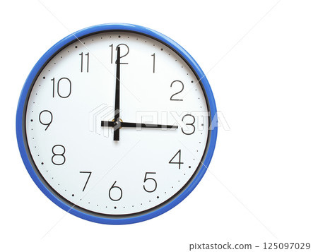 Wall clock with blue frame showing 3.00 03.00 or 15.00 O clock  on white background, suitable for time related articles, education, or punctuality concepts 125097029