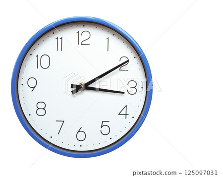 Wall clock with blue frame showing 3.10 03.10 or 15.10 O clock on white background, suitable for time related articles, education, or punctuality concepts Wall clock with blue frame showing 3.10 03.10 or 15.10 O clock on white background, suitable for time related articles, education, or punctuality concepts 125097031