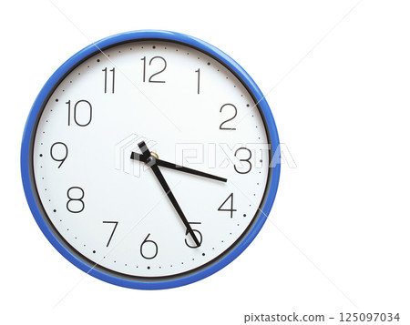 Wall clock with blue frame showing 3.25 03.25 or 15.25 O clock  on white background, suitable for time related articles, education, or punctuality concepts 125097034