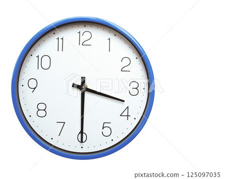 Wall clock with blue frame showing 3.30 03.30 or 15.30 O clock  on white background, suitable for time related articles, education, or punctuality concepts 125097035