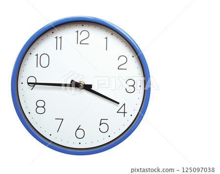 Wall clock with blue frame showing 3.45 03.45 or 15.45 O clock  on white background, suitable for time related articles, education, or punctuality concepts 125097038