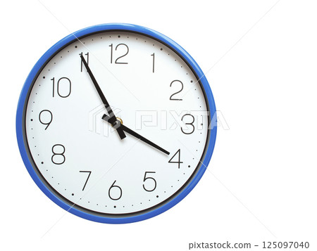 Wall clock with blue frame showing 3.55 03.55 or 15.55 O clock on white background, suitable for time related articles, education, or punctuality concepts Wall clock with blue frame showing 3.55 03.55 or 15.55 O clock on white background, suitable for time related articles, education, or punctuality concepts 125097040