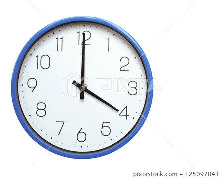 Wall clock with blue frame showing 4.00 04.00 or 16.00 O clock  on white background, suitable for time related articles, education, or punctuality concepts 125097041