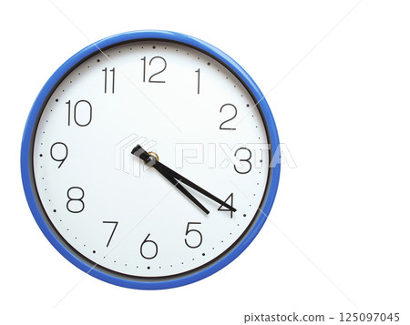 Wall clock with blue frame showing 4.20 04.20 or 16.20 O clock on white background, suitable for time related articles, education, or punctuality concepts Wall clock with blue frame showing 4.20 04.20 or 16.20 O clock on white background, suitable for time related articles, education, or punctuality concepts 125097045
