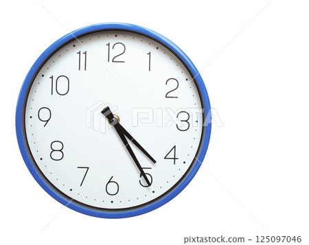 Wall clock with blue frame showing 4.25 04.25 or 16.25 O clock  on white background, suitable for time related articles, education, or punctuality concepts 125097046