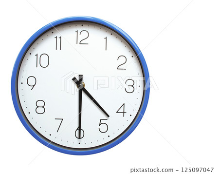 Wall clock with blue frame showing 4.30 04.30 or 16.30 O clock  on white background, suitable for time related articles, education, or punctuality concepts 125097047